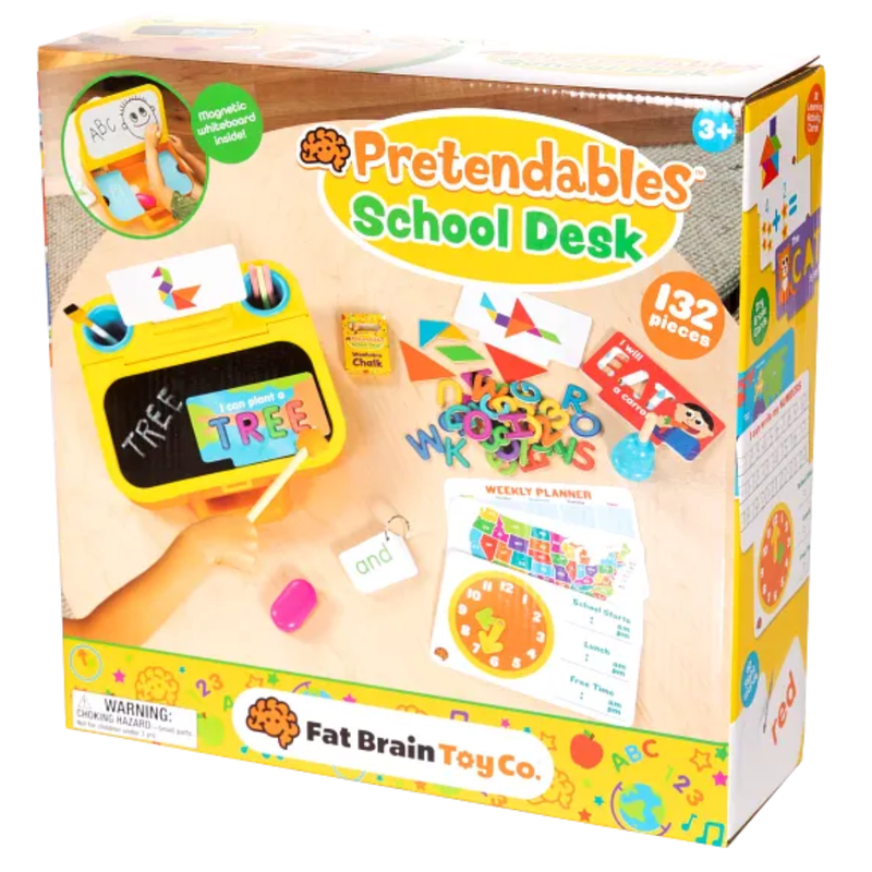 Pretendables School Desk toy set packaging with colorful graphics and text.