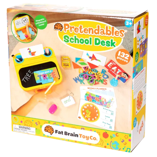 Pretendables School Desk toy set packaging with colorful graphics and text.