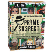 Prime Suspect Logic Game box on a clean white background. The box features cartoon character illustrations and text including 'At the Campground', 'Prime Suspect', '1 Player', '8+ Ages', and 'Logic Game'.