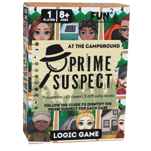 Prime Suspect Logic Game box on a clean white background. The box features cartoon character illustrations and text including 'At the Campground', 'Prime Suspect', '1 Player', '8+ Ages', and 'Logic Game'.