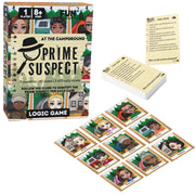 The 'At the Campground: Prime Suspect' logic game set, featuring the illustrated game box, a deck of cards, an instruction card, and several suspect cards arranged on a white background.