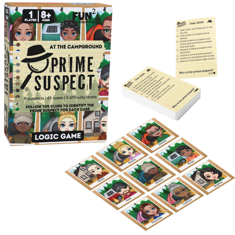 The 'At the Campground: Prime Suspect' logic game set, featuring the illustrated game box, a deck of cards, an instruction card, and several suspect cards arranged on a white background.
