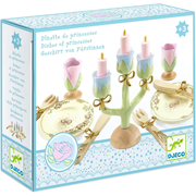 DJECO princess tea set with candelabra, plates and cups in packaging box.