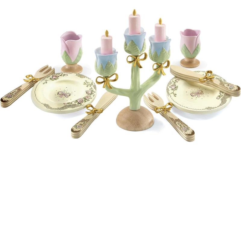 Pastel-colored princess themed tableware set with a candelabra on a white background.