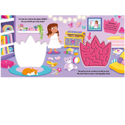 Illustrated children's book page with a princess character and party scene.