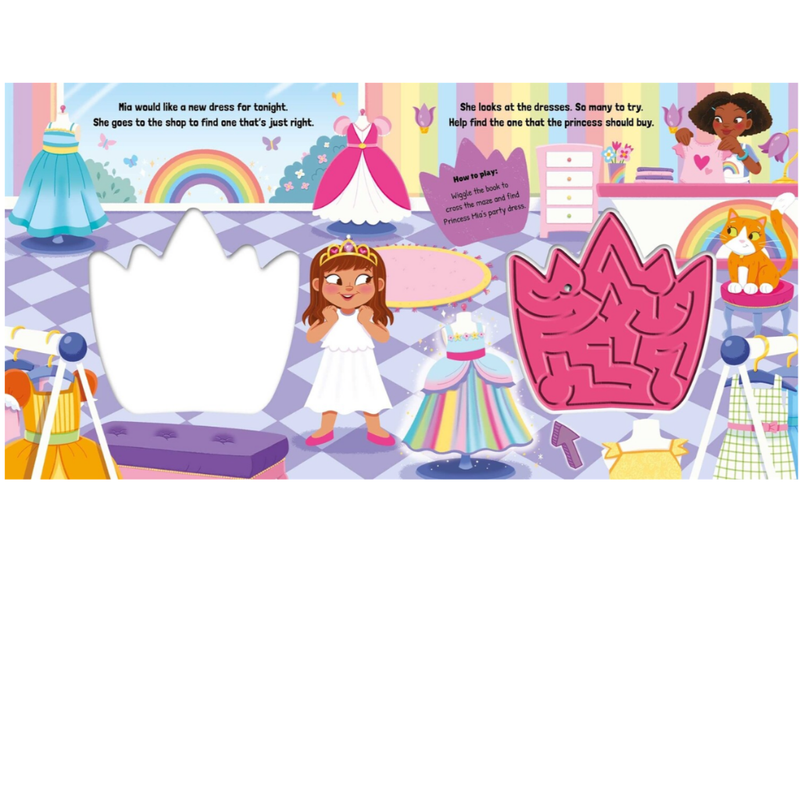 Children's book page with a princess theme, including a mirror, dresses, and a crown.