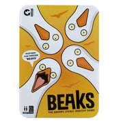 The front of the Beaks board game box, featuring a yellow and white cartoon design with four bird heads and bold black title text.