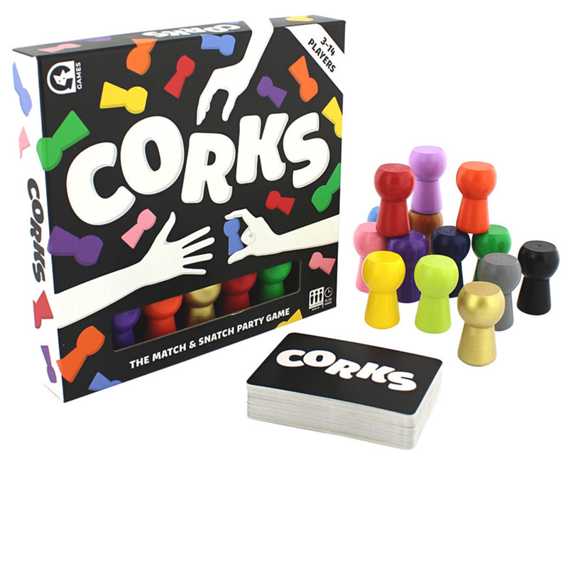 Corks party game set with a black box featuring colorful cork-shaped pieces, a stack of black cards, and multiple colorful peg-like pieces arranged on a white background.