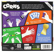 The back of a CORKS party game box, showing colorful illustrated panels with game instructions, player hands, cards, and a golden cork icon on a black background.