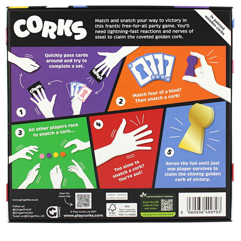 The back of a CORKS party game box, showing colorful illustrated panels with game instructions, player hands, cards, and a golden cork icon on a black background.