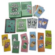 Picture of cards included in the May Contain Butts game.  There's backends for skunks, monkeys, aligators, pugs, owls and more; all on a white background.