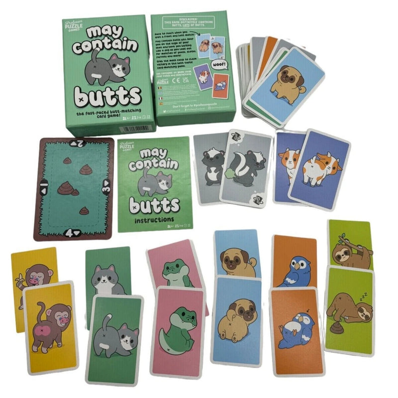Picture of cards included in the May Contain Butts game.  There's backends for skunks, monkeys, aligators, pugs, owls and more; all on a white background.