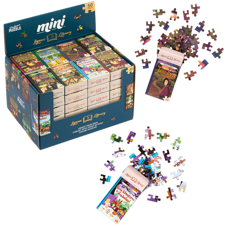 A retail display box filled with mini jigsaw puzzle boxes and loose scattered puzzle pieces on a white background. The display box is dark blue with 'mini jigsaw library' printed on it, and individual puzzle box packages are shown alongside with pieces spilled out.