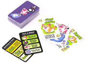 A set of cartoon animal-themed cards and stickers on a plain white background. The stack of cards is purple with colorful animal illustrations, and several cards are fanned out to show black-and-yellow and white cards with text and character art.