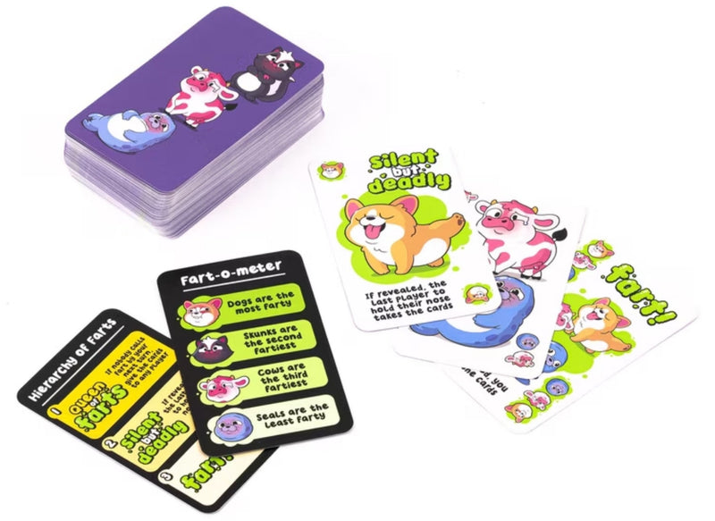 A set of cartoon animal-themed cards and stickers on a plain white background. The stack of cards is purple with colorful animal illustrations, and several cards are fanned out to show black-and-yellow and white cards with text and character art.