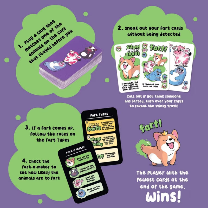 A purple promotional graphic for a fart card game, showing the back of a purple card deck box, several sample cards, two phone-like game screens, and cartoon dog illustrations with instructions and the winning phrase 'The player with the fewest cards at the end of the game, Wins!'.