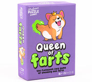 Queen of Farts card game by Professor Puzzle on purple box with corgi illustration