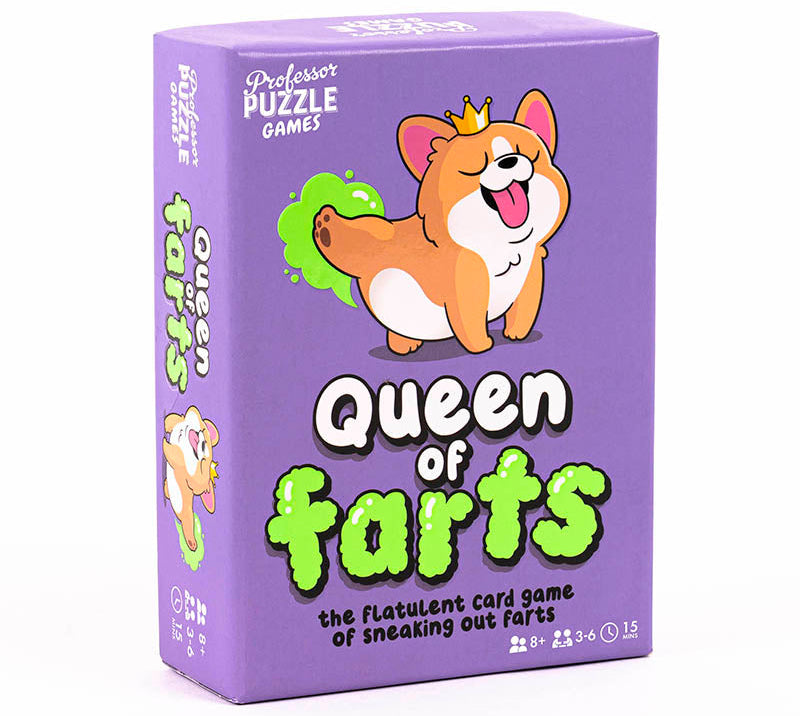 Queen of Farts card game by Professor Puzzle on purple box with corgi illustration