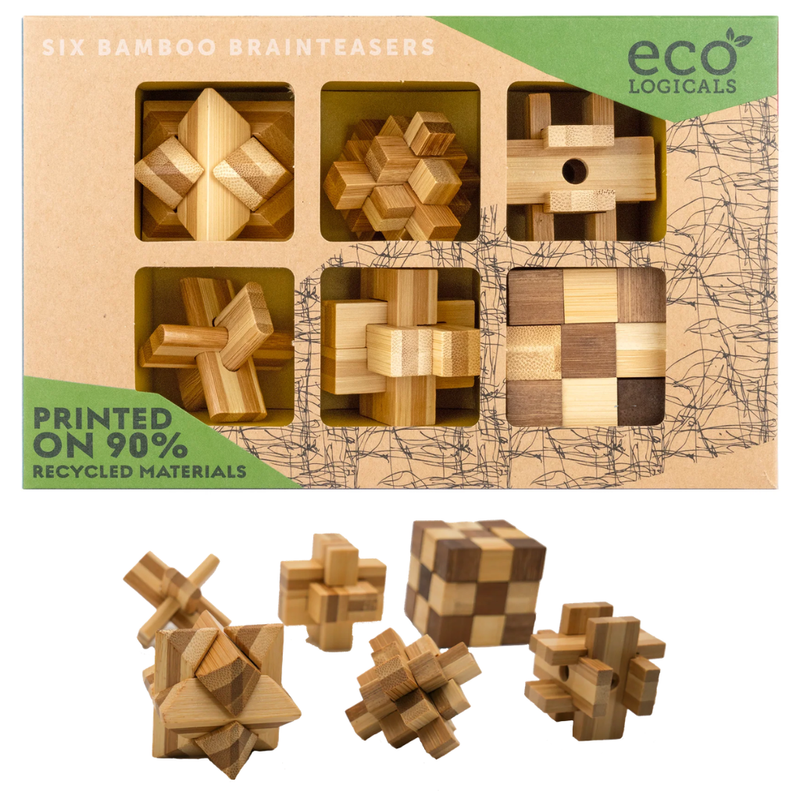 Wooden puzzle set with packaging labeled 'ecoLOGICALS' on a white background. Picture of puzzls below box.