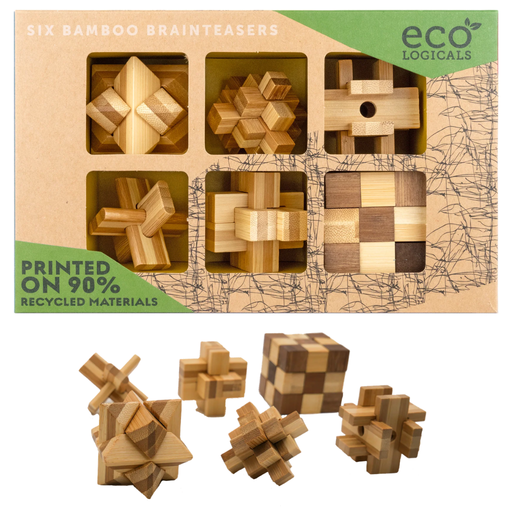 Wooden puzzle set with packaging labeled 'ecoLOGICALS' on a white background. Picture of puzzls below box.