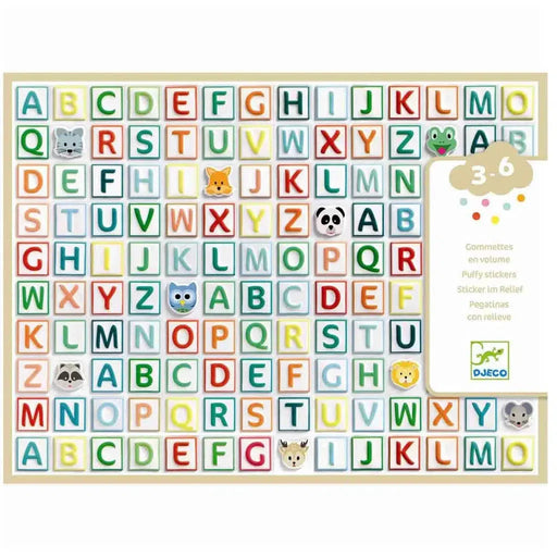 DJECO alphabet puffy stickers sheet with colorful letters and cute animal characters