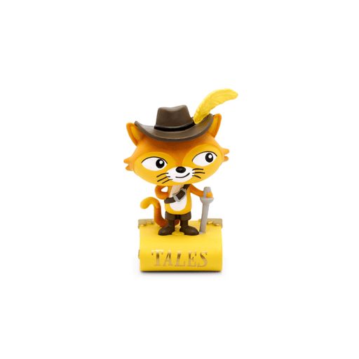 Orange cat character figurine wearing brown hat with yellow feather standing on yellow base