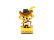 Orange cat figurine wearing brown musketeer hat with yellow feather, boots and holding sword on yellow base