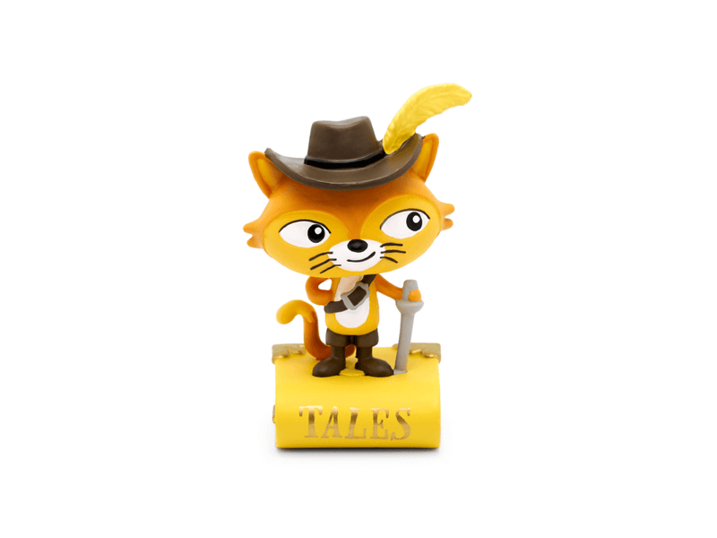 Orange cat figurine wearing brown musketeer hat with yellow feather, boots and holding sword on yellow base
