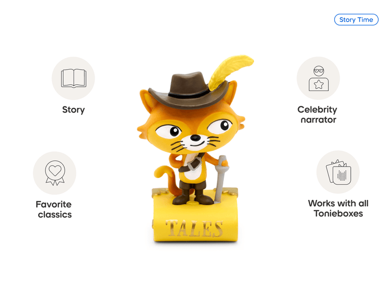 Orange cat character Tonie figure wearing cowboy hat with feature icons around it