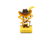Orange cat character figurine wearing brown hat with feather on yellow base labeled Tales