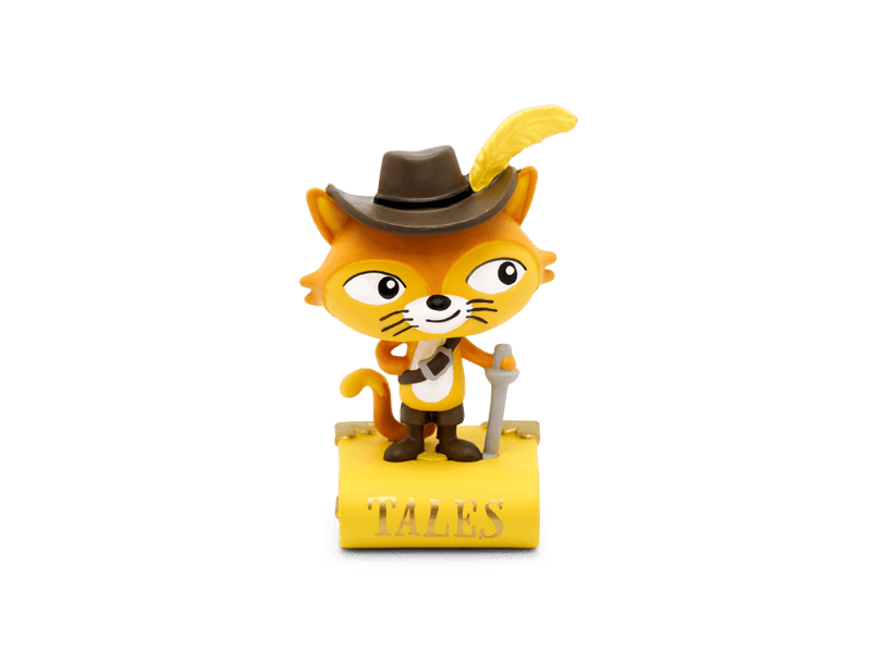 Orange cat character figurine wearing brown hat with feather on yellow base labeled Tales