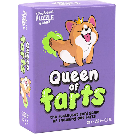 Purple box of 'Queen of Farts' card game with cartoon cat illustration