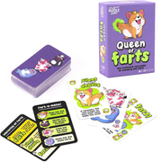 Card game 'Queen of Farts' with cards and packaging on a white background