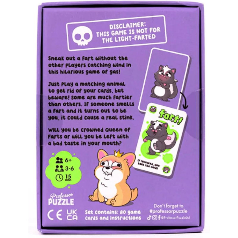 Purple card game box with cartoon animals and humorous text on a white background
