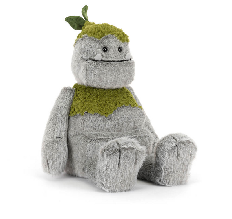 Jellycat Rockleton gray fluffy monster plush toy with green mossy accents sitting upright