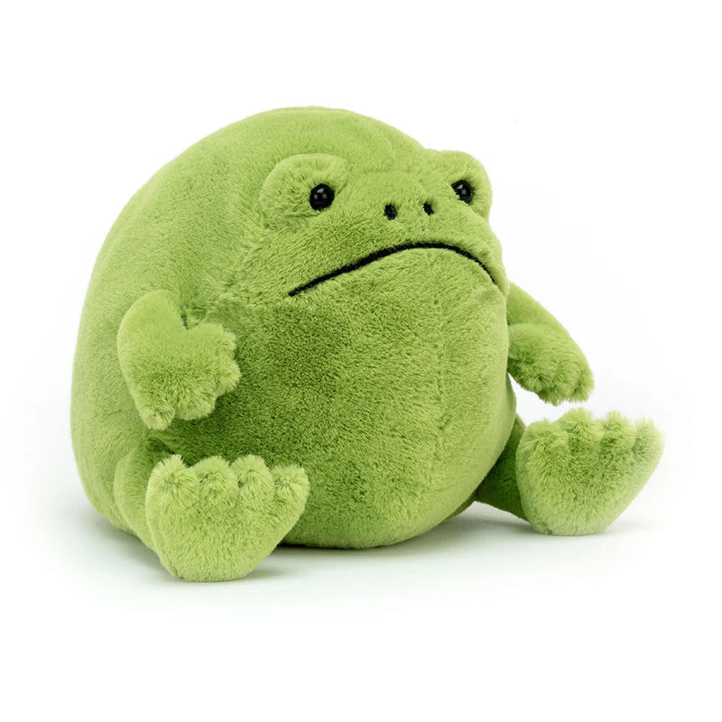 Green plush Ricky Rain Frog stuffed animal with sad expression on white background