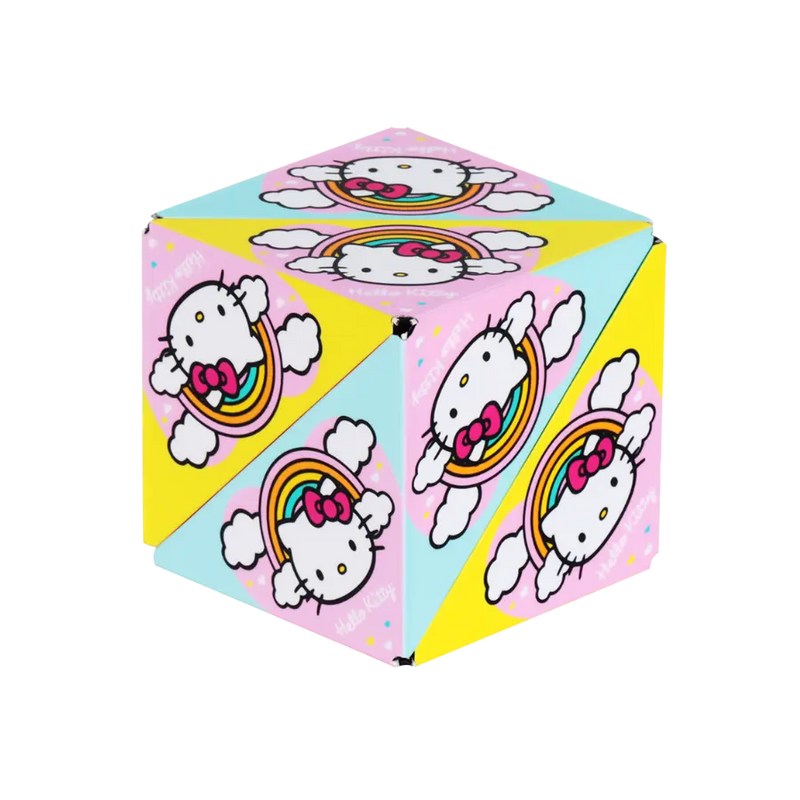 Shashibo cube puzzle featuring Hello Kitty design with rainbow patterns and unicorn themes