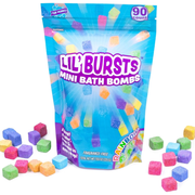 Bag of Lil' Bursts mini bath bombs with colorful bath bombs around on a white background.