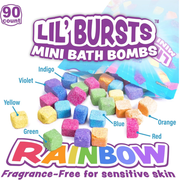 Lil' Bursts Mini Bath Bombs packaging with colorful bath bombs stating the colors included: indigo, violet, yellow, green, blue, red & orange.