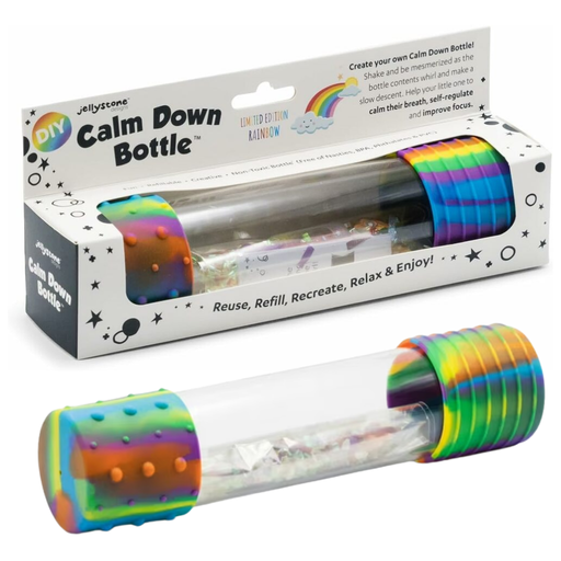 Calm Down Bottle by Jellystone with rainbow design in packaging on a white background.