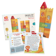 Colorful castle themed building blocks by Bababoo with animal faces play guidance materials on a white background.