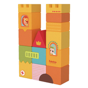 Colorful castle themed building blocks by Bababoo with animal faces on a white background.