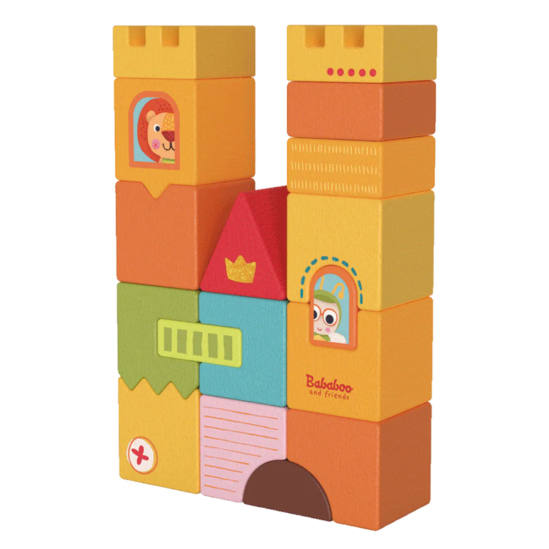 Colorful castle themed building blocks by Bababoo with animal faces on a white background.