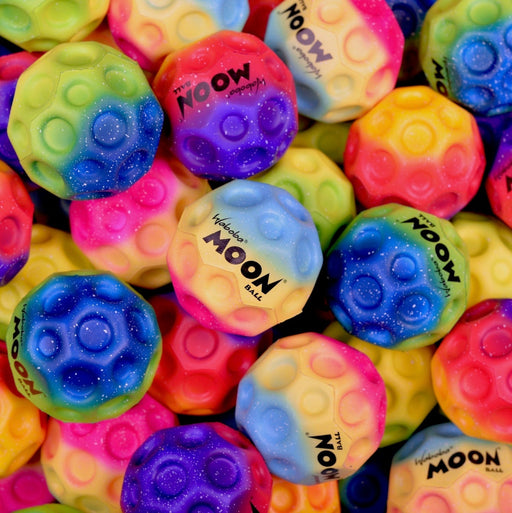 Multiple colorful gradient Waboba Moon Balls with crater texture in various rainbow colors.