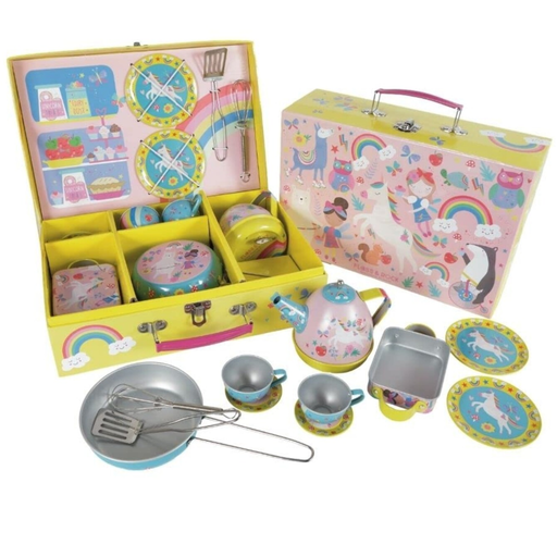 Children's toy kitchen set with colorful packaging on a white background