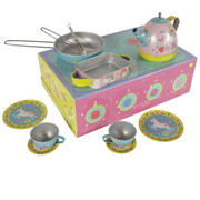 Children's toy tea set with a colorful box featuring a pretend stovetop with unicorn designs.