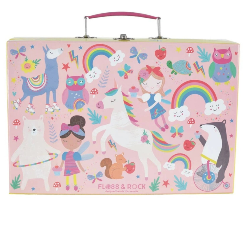Children's case with colorful designs of a girl, unicorn, and various animals on a pink background. Filled with pretend kitchen goodies.