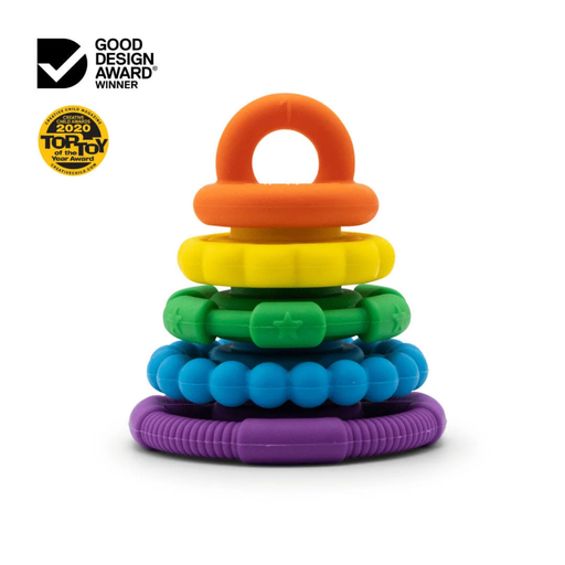 Colorful silicone stacking and teething toy  in the colors of the rainbow from Jellystone with Good Design Award logo on a white background.