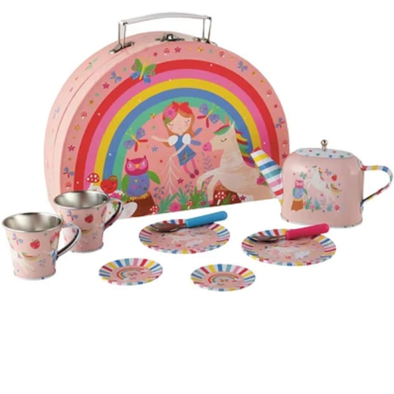 Children's Rainbow Tea Set with colorful rainbow and fairy design on a white background.