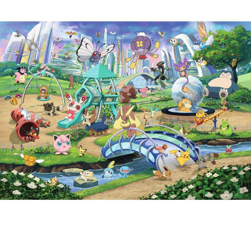 Ravensburger 1000-piece Pokemon puzzle featuring Eevee and friends in a vibrant park setting.